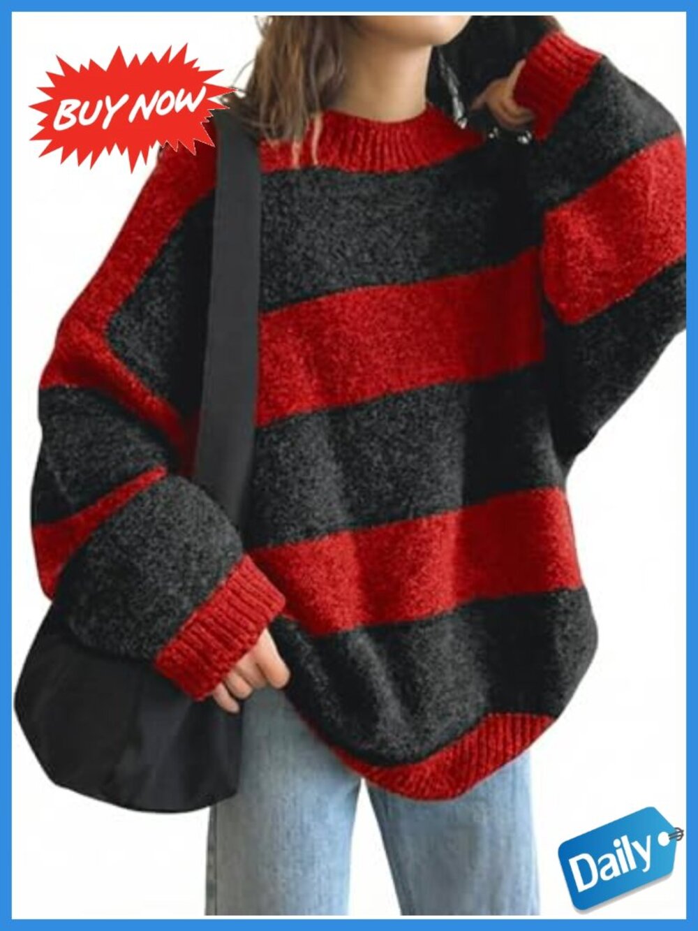 Oversized Striped Knit Pullover Sweater Long Sleeve Crewneck Women's